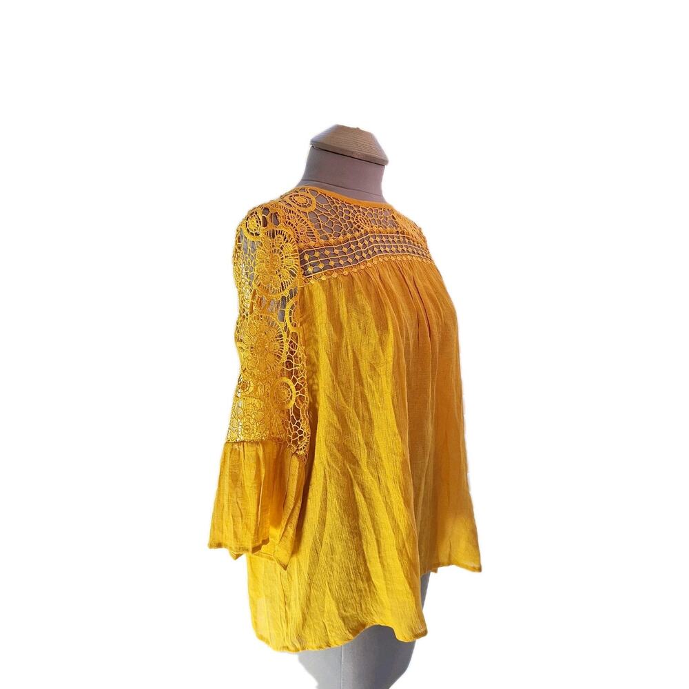 Indigo Rose Size L Fairycore Blouse Bell Sleeves Mesh Shoulders MUSTARD